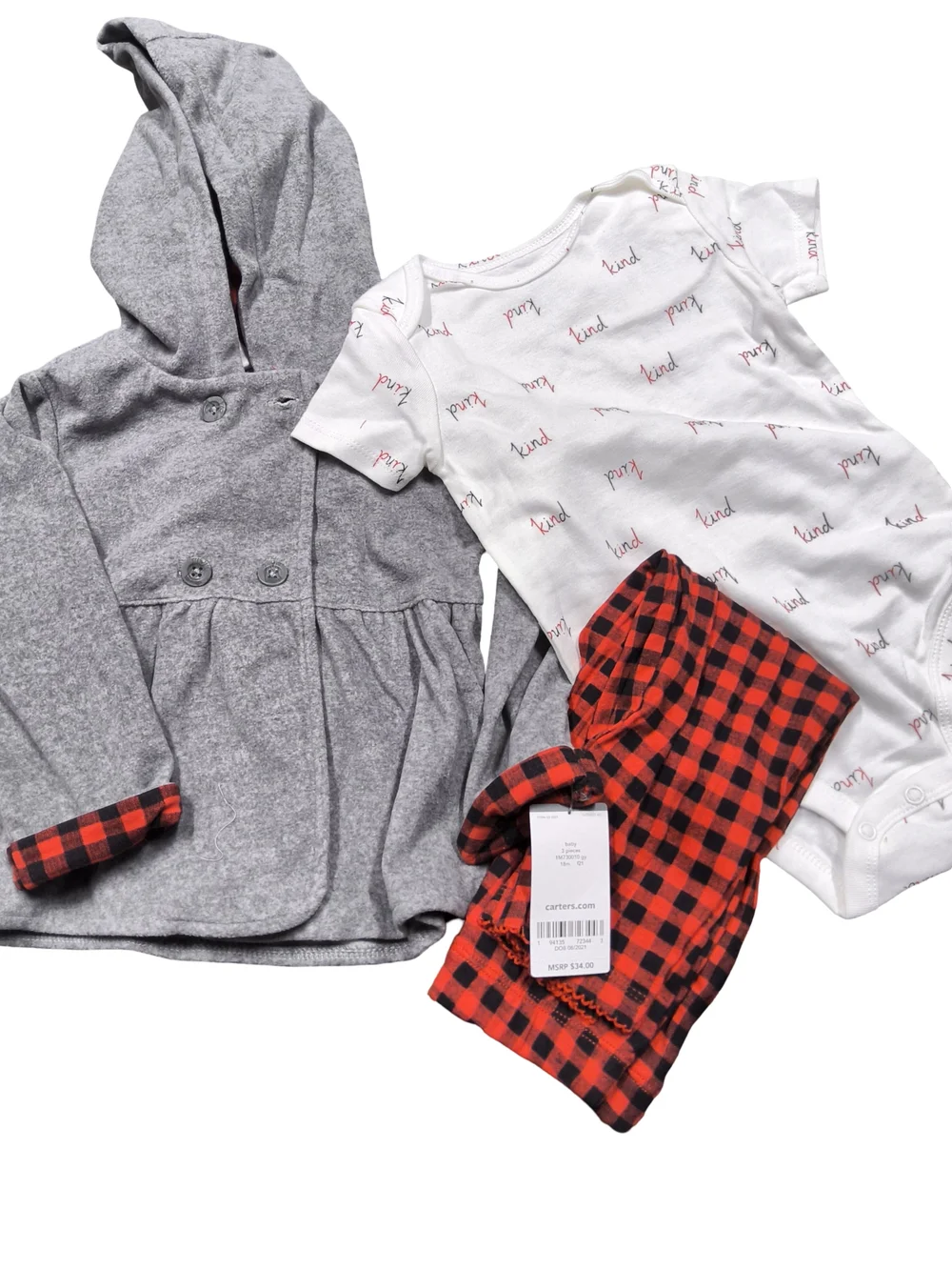 Carter's 3 Piece Size 6 Months Gray and Red Plaid Trim Baby Set